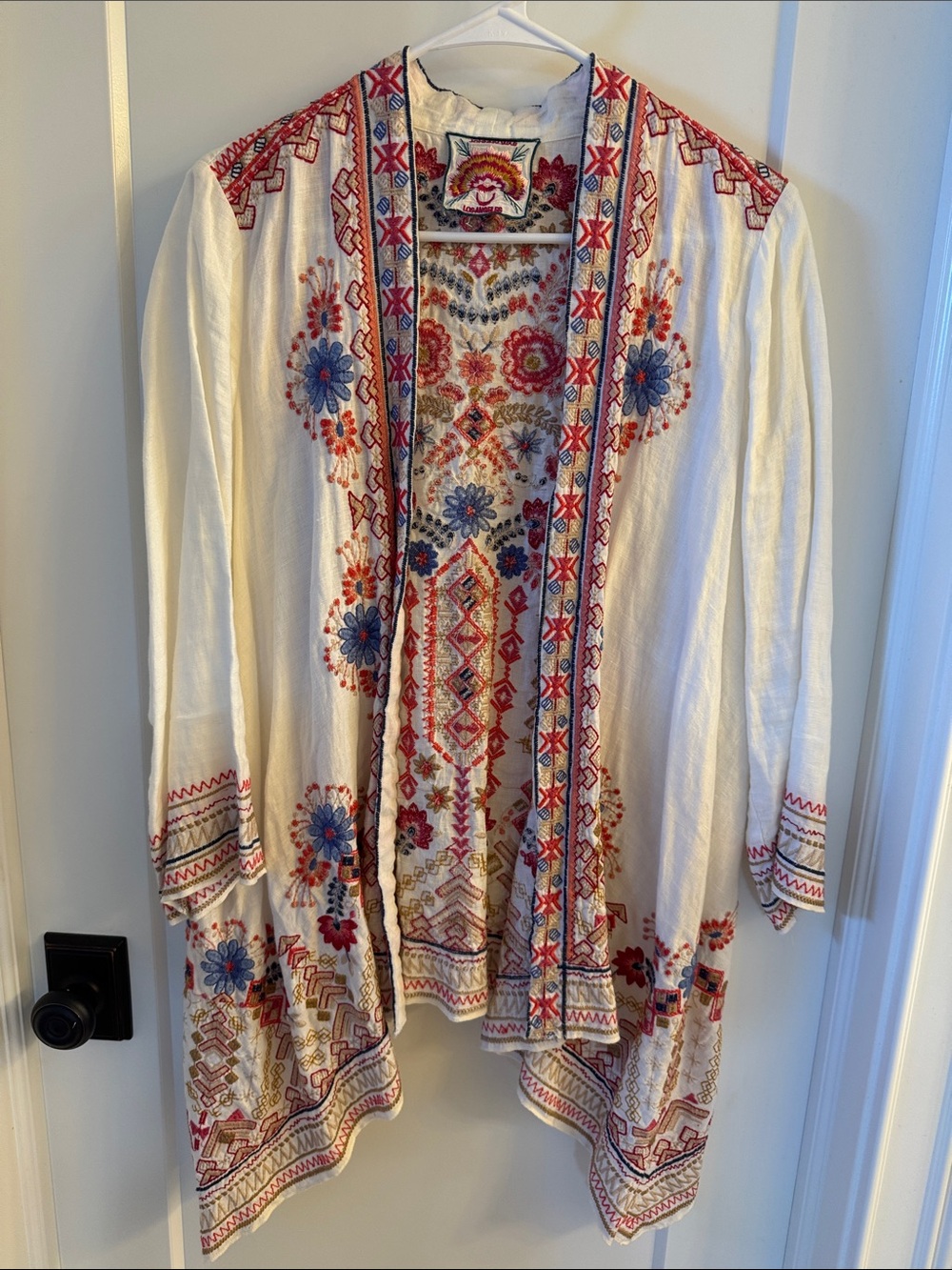 Johnny Was Boho Open-Front Jacket - White with Red & Blue Floral Accents